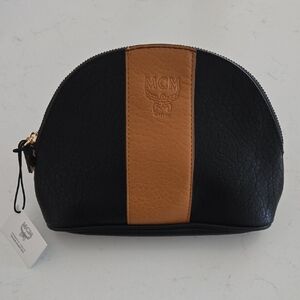 New never used MCM pouch cosmetic bag Black & carmel tan w/ MCM logo zipper bag